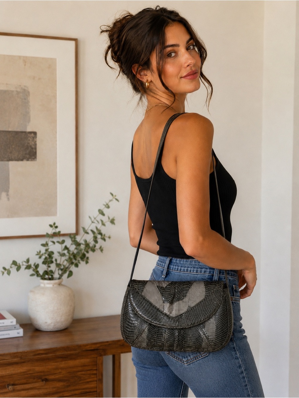 Vintage J Renee Genuine Snakeskin Gray Patchwork Shoulder Bag Hong Kong